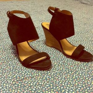Genuine leather, black velvet wedge sandal, 7.5